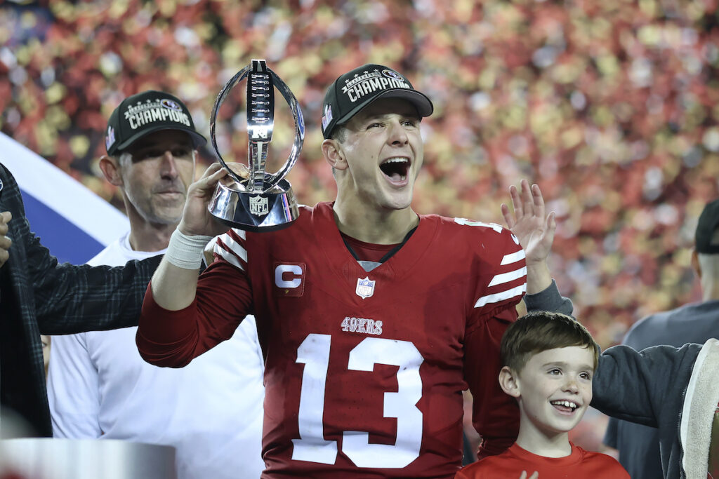 Brock Purdy,Kyle Shanahan San Francisco 49ers quarterback Brock Purdy (13) and head coach Kyle Shanahan, left, celebrate after the NFC Championship NFL football game against the Detroit Lions in Santa Clara, Calif., Sunday, Jan. 28, 2024.
