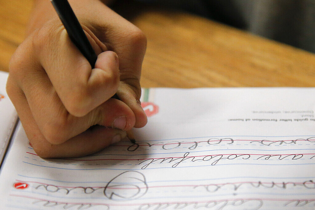 Handwriting A student practices writing in cursive at St. Mark’s Lutheran School in Hacienda Heights, Calif., bucking a growing trend of eliminating cursive from elementary school curriculums or making it optional, California is among the states keeping longhand as a third-grade staple.