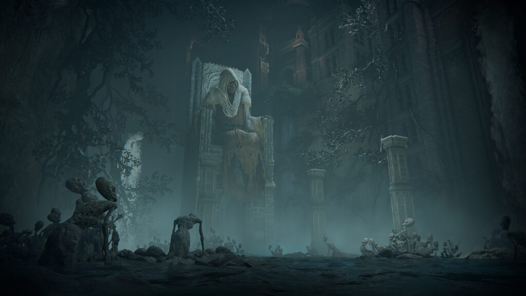 The picture shows a landscape of an underground city, with a giant skeleton sitting on a throne the height of a building. 