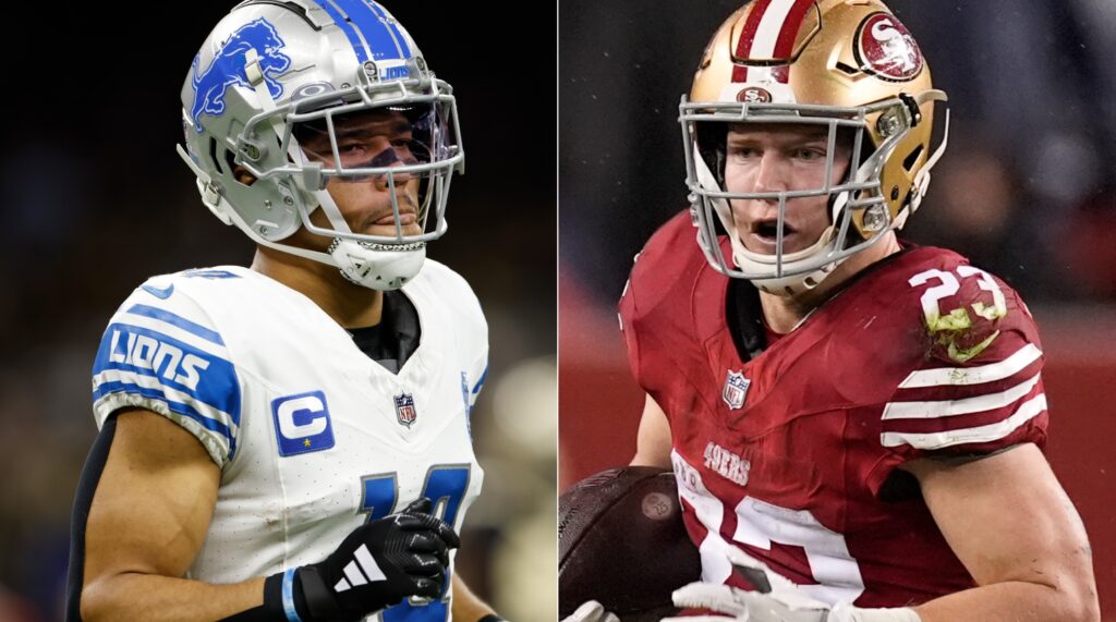 St. Brown McCaffrey – 2 box (1) Detroit Lions wide receiver Amon-Ra St.Brown (right) and San Francisco 49ers running back Christian McCaffrey.