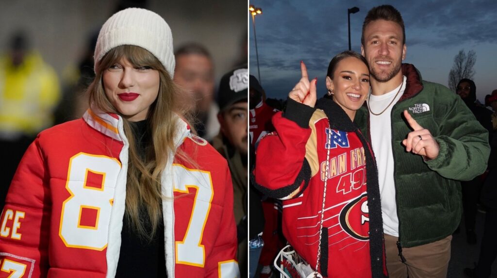 Swift juicecheck – 2 box (1) Taylor Swift (left) wears a Kansas City Chiefs tight end Travis Kelce jacket as she arrives before an NFL wild-card playoff football game between the Chiefs and the Miami Dolphins Saturday, Jan. 13, 2024, in Kansas City, Mo. Kristin Juszczyk (right with husband 49ers fullback Kyle Juszczyk) designed the jacket.