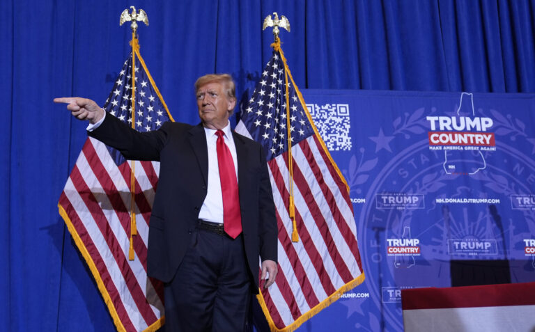 Former President Donald Trump is seen during a campaign event in Atkinson, N.H., on Tuesday.
(AP Photo/Matt Rourke)