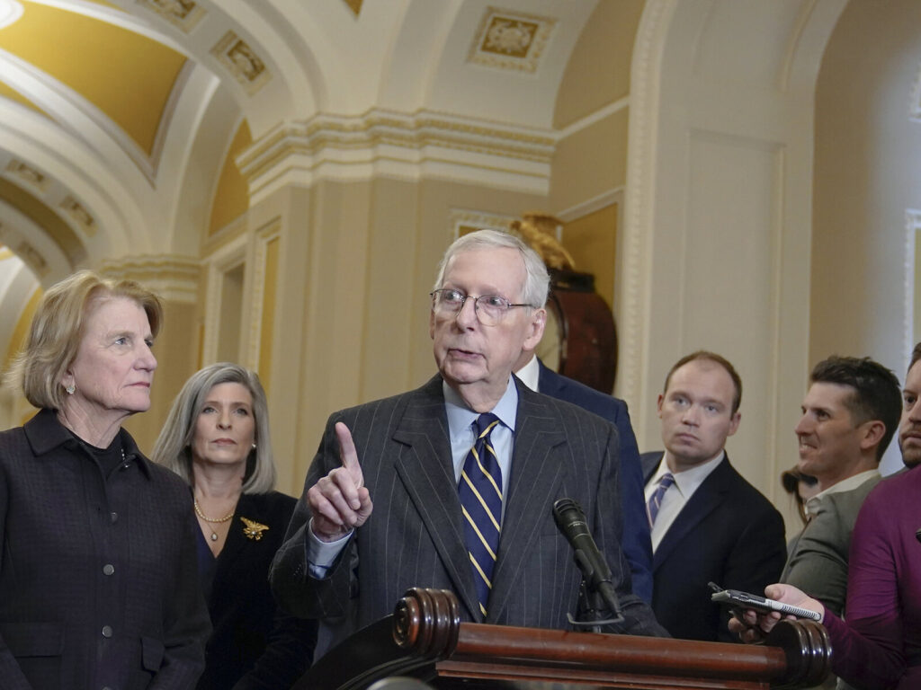Senate Republicans Sen. Minority Leader Mitch McConnell, R-Ky. (center) speaks at a news conference after a policy luncheon on Capitol Hill Wednesday, Jan. 17, 2024, in Washington.