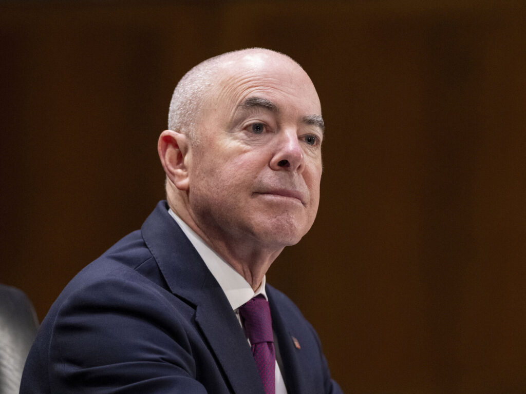Homeland Security Secretary Alejandro Mayorkas testifies on Capitol Hill in November 2023. Alex Brandon/AP