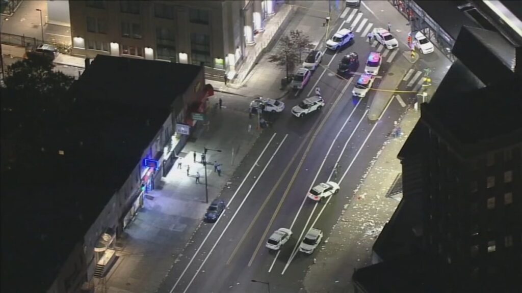 arrest-kensington-shooting An aerial view of police presence at the site of a shooting