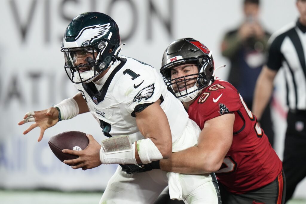 Newsmaker Names Philadelphia Eagles quarterback Jalen Hurts (1) is sacked for a safety in the end zone