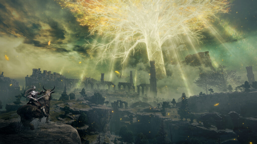 A rider looks at a landscape with stone towers that reach into the sky, with a giant yellow glowing tree at the center.