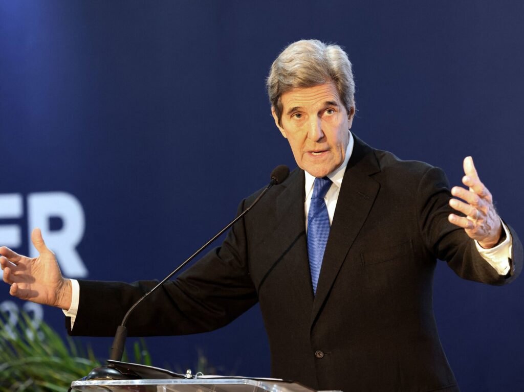 EGYPT-UN-CLIMATE-COP27 US climate envoy John Kerry delivers a speech during a discussion about oceans and water at the US pavillon in the Sharm el-Sheikh International Convention Centre, in Egypt's Red Sea resort city of the same name, during the COP27 climate conference on November 15, 2022.