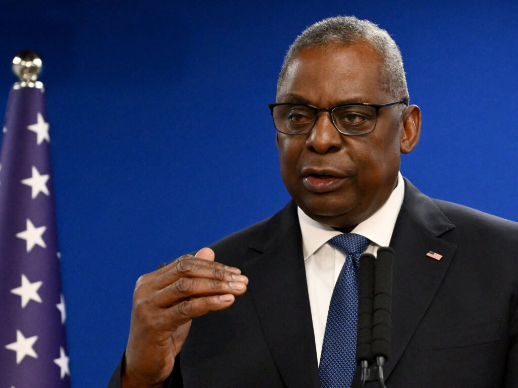 ISRAEL-US-POLITICS-DIPLOMACY-DEFENCE-PALESTINIAN-GAZA-CONFLICT U.S. Secretary of Defence Lloyd Austin speaks during a joint press conference with Israel's defence minister, in Tel Aviv on December 18, 2023. (Photo by Alberto PIZZOLI / AFP) (Photo by ALBERTO PIZZOLI/AFP via Getty Images)