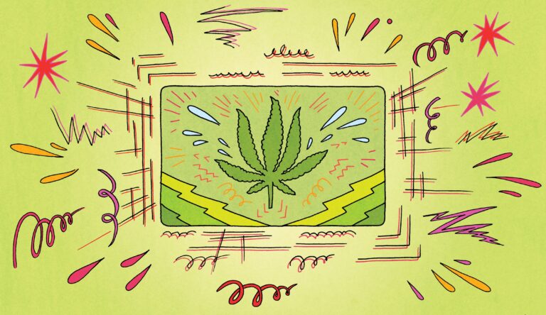 A stylized illustration of a marijuana leaf