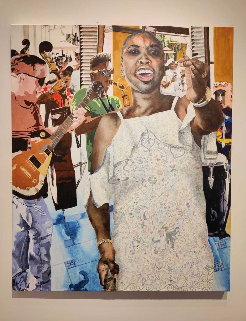 A painting of a woman singing, wearing a white dress etched with Santería symbols