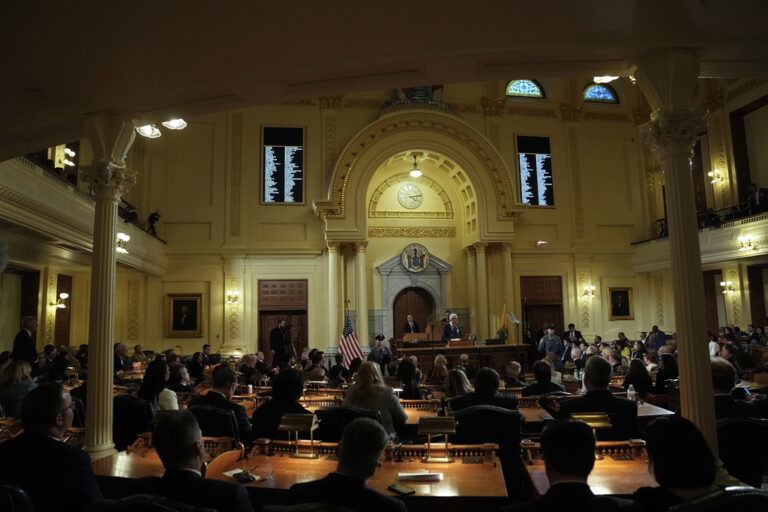 A view from the back of the chambers of the N.J. Legislature and Gov. Murphy delivering the State of the State address