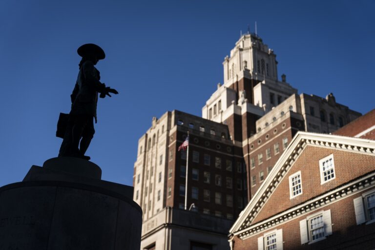 A statue of William Penn stands at Welcome Park in Philadelphia, Monday, Jan. 8, 2024. (AP Photo/Matt Rourke)