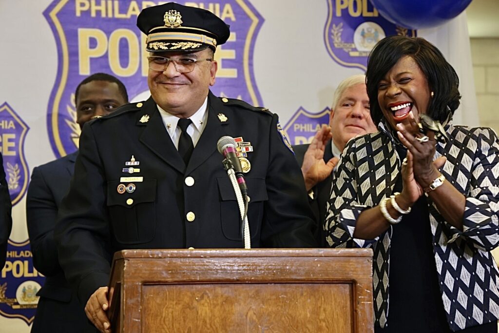 ppd-pedro-rosario-cherelle-parker-e-lee-2024-01-11 Cherelle Parker cheering as she introduces Pedro Rosario at a podium.