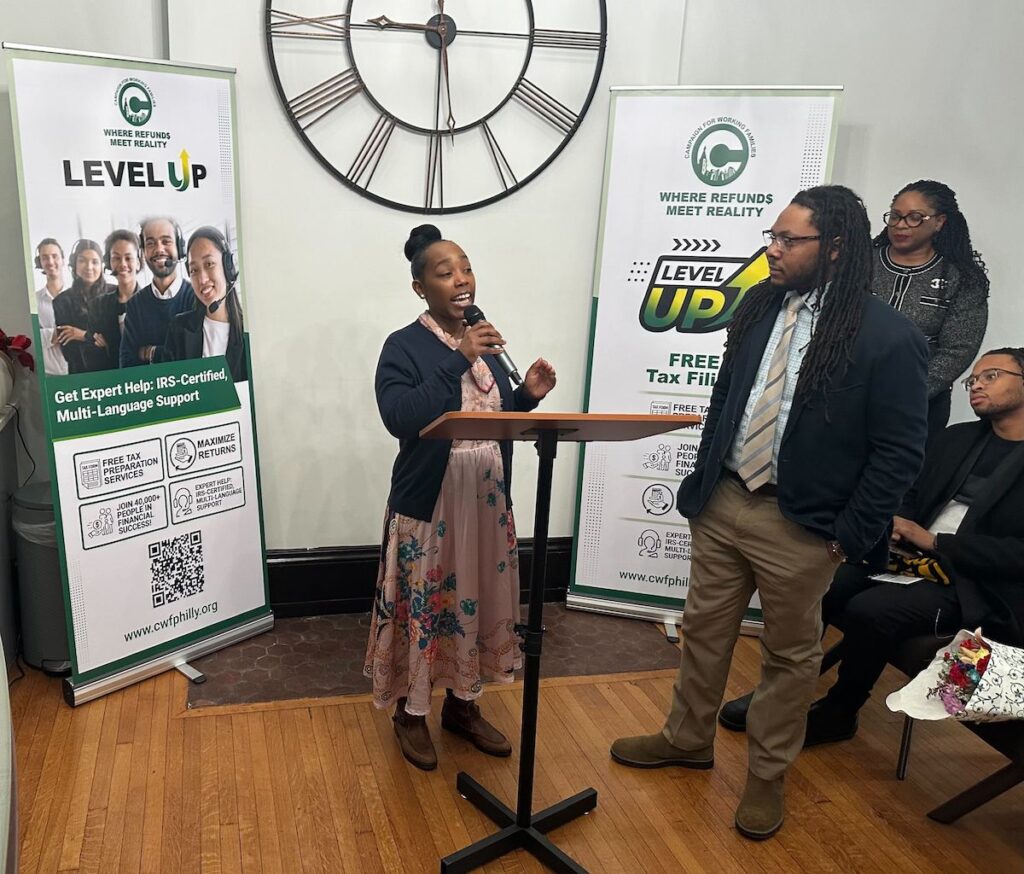 Philadelphia District 5 councilperson Jeffrey Young Jr. asks Dr. Nikia Owens, president and CEO of the nonprofit Campaign for Working Families, a question