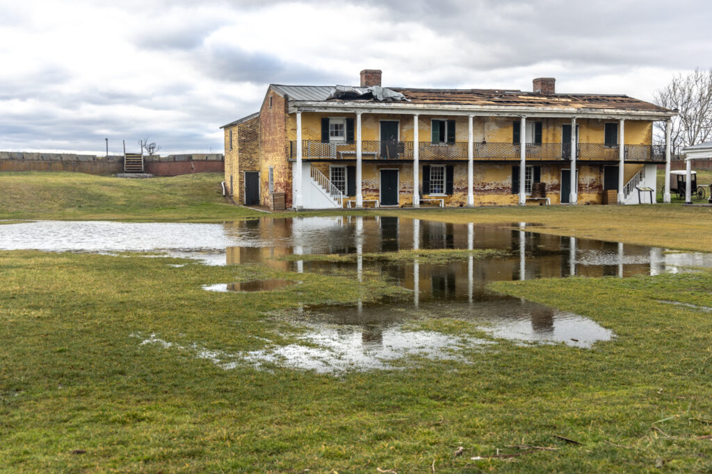 02 01 2024 k paynter reduced size historic fort mifflin officers quarters roof damage Rain water puddled inside Fort Mifflin