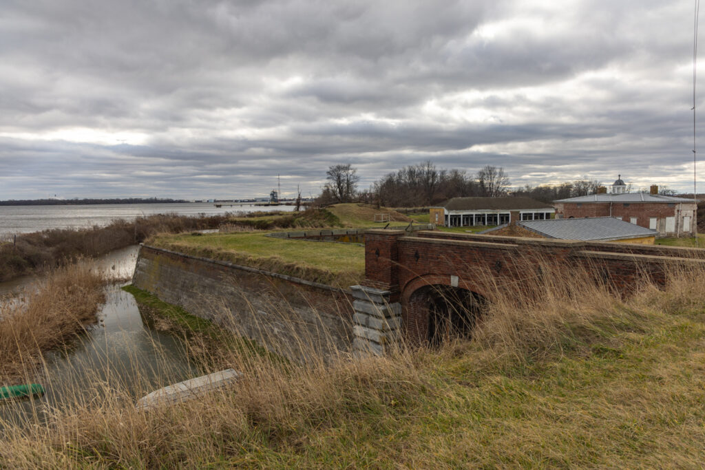 The Delaware River just beyond the walls of historic Fort Mifflin in Philadelphia.