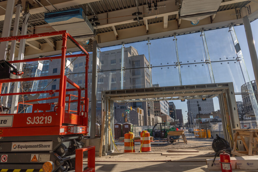 02 07 2024 k paynter reduced size franklin square station in progess-6 The inside of the ongoing construction of PATCO's Franklin Square station, made with bird-safe glass