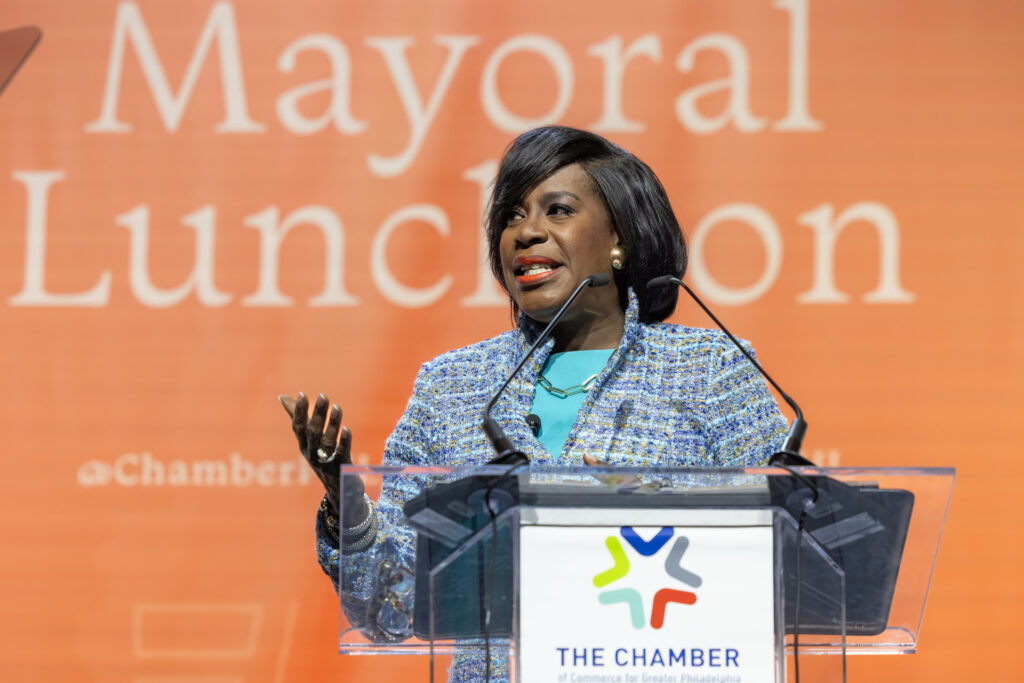02 28 2024 reduced size cherelle parker mayoral luncheon-3 Mayor Cherelle Parker speaks at a podium.