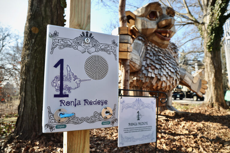 A troll sculpture in the background, with a sign in the foreground