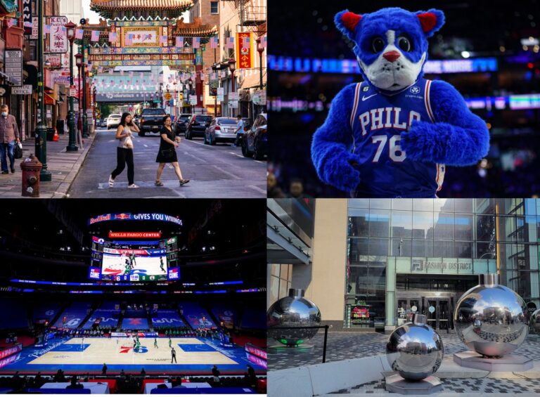 Clockwise from left: Pedestrians cross 10th Street in the Chinatown neighborhood of Philadelphia on July 22, 2022. (AP Photo/Matt Rourke), Philadelphia 76ers mascot Franklin in 2023 (AP Photo/Chris Szagola), 9th and Market Streets (Philadelphia Fashion District), Philadelphia 76ers' Joel Embiid, left, and Boston Celtics' Robert Williams III. (AP Photo/Matt Slocum)