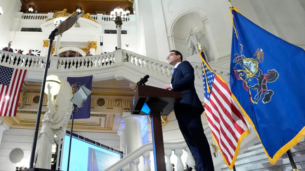 AP24037667023991 (1) Gov. Josh Shapiro delivers his budget address for the 2024-25 fiscal year to a joint session of the Pennsylvania House and Senate in the Rotunda of the state Capitol in Harrisburg, Pa., Wednesday, Feb. 6, 2024. (AP Photo/Matt Rourke)