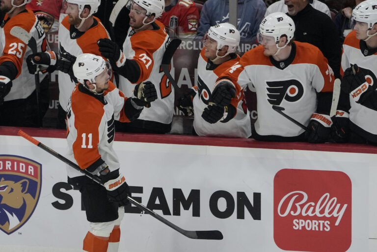 Philadelphia Flyers right wing Travis Konecny (11) celebrates his goal with his teammates during the second period of an NHL hockey game against the Florida Panthers, Tuesday, Feb. 6, 2024, in Sunrise, Fla.
