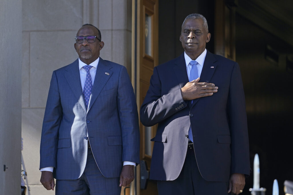Lloyd AustinAden Duale Defense Secretary Lloyd Austin (right) and Kenya's Defense Minister Aden Duale (left) listen during the National Anthem during a ceremony at the Pentagon in Washington, Wednesday, Feb. 7, 2024.
