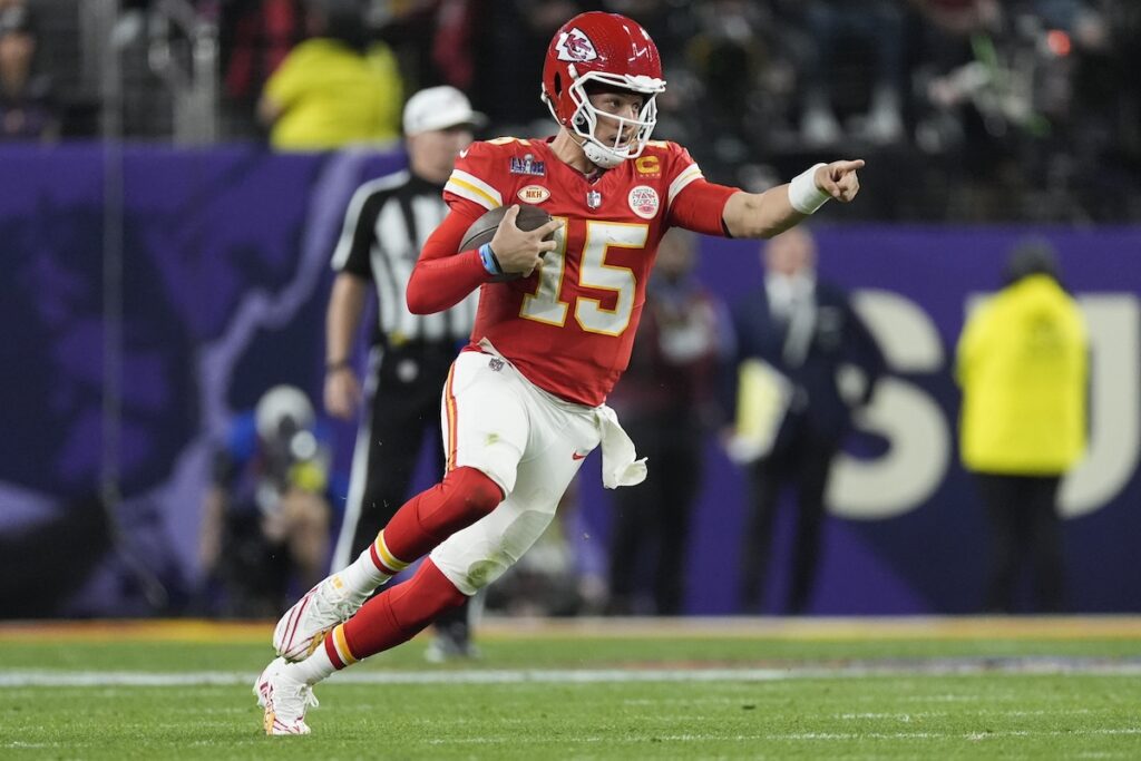 Super Bowl Football Kansas City Chiefs quarterback Patrick Mahomes (15) runs against the San Francisco 49ers during the second half of the NFL Super Bowl 58 football game Sunday, Feb. 11, 2024, in Las Vegas. (AP Photo/George Walker IV)