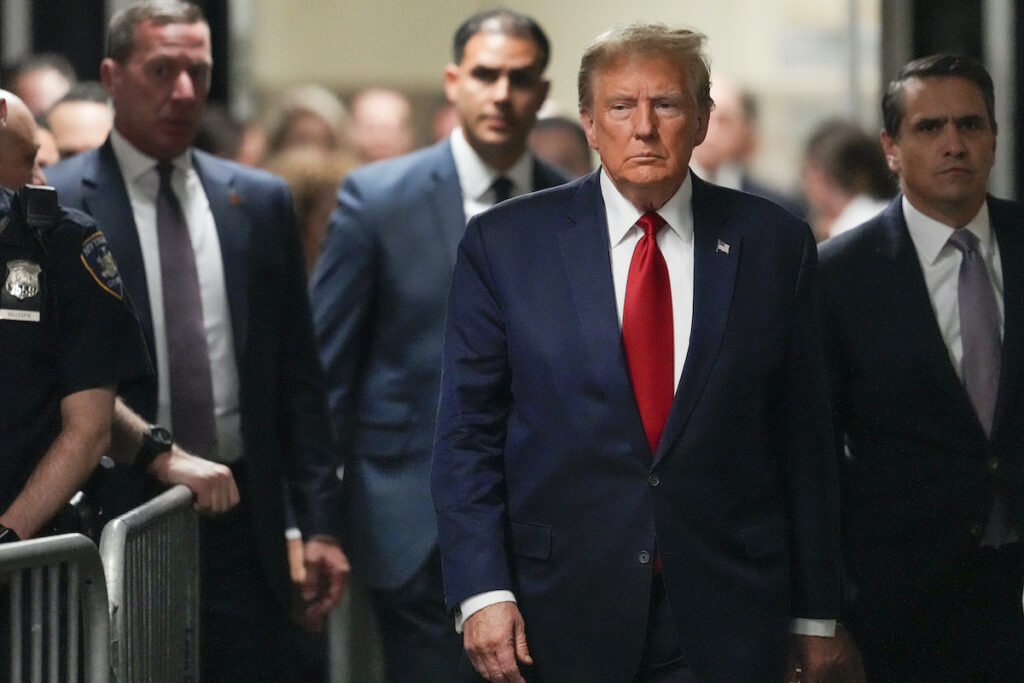 Trump Hush Money Former President Donald Trump arrives at Manhattan criminal court, Thursday, Feb. 15, 2024, in New York. Trump is expected to be back in a New York court Thursday for a hearing that could decide whether the former president's first criminal trial begins in just 39 days.