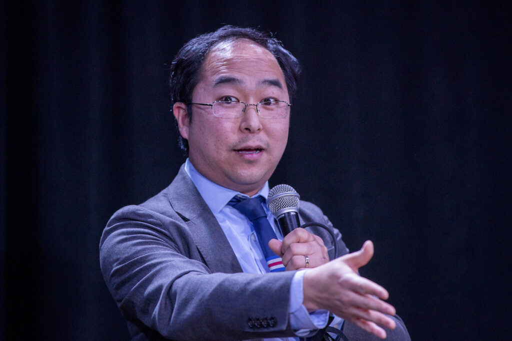 Andy Kim Rep. Andy Kim, D-N.J., speaks to voters in Jersey City, New Jersey, on Friday, Feb. 23, 2024.