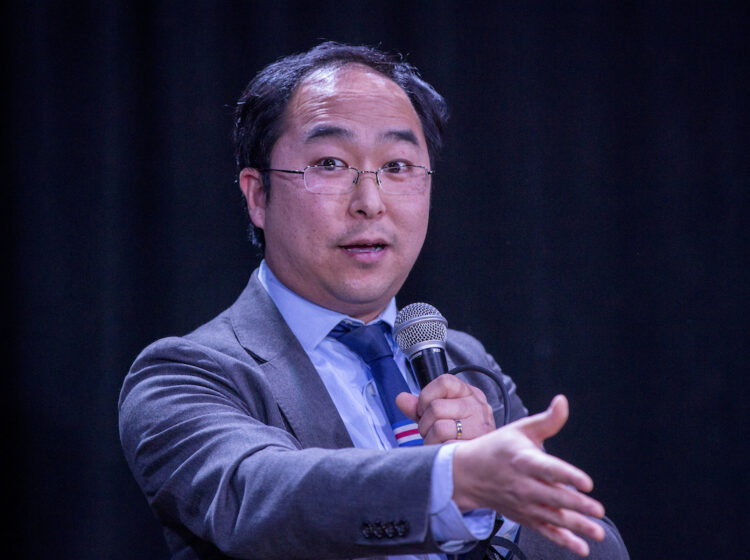 Rep. Andy Kim, D-N.J., speaks to voters in Jersey City, New Jersey, on Friday, Feb. 23, 2024.