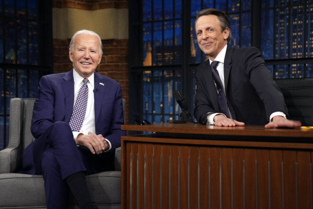 Joe Biden President Joe Biden talks with Seth Meyers during a taping of the ''Late Night with Seth Meyers'' Monday, Feb. 26, 2024, in New York.