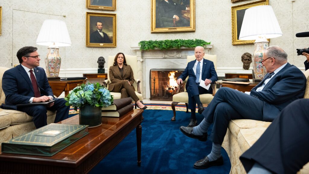 President Joe Biden speaks during a meeting with Congressional leaders in the Oval Office of the White House