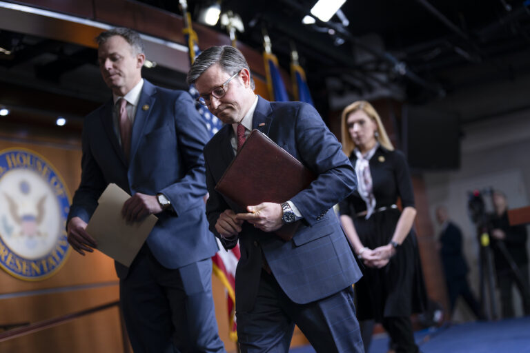 Speaker of the House Mike Johnson, R-La., departs a news conference, joined by Rep. Blake Moore, R-Utah, left, and Rep. Beth Van Duyne, R-Texas, after they discussed President Joe Biden for his policies at the Mexican border during a news conference at the Capitol in Washington, Thursday, Feb. 29, 2024.