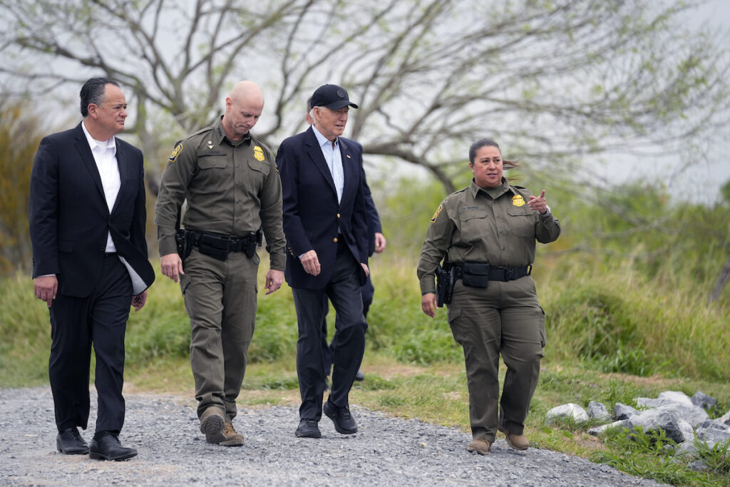 Joe Biden President Joe Biden (second from the right) looks over the southern border, Thursday, Feb. 29, 2024, in Brownsville, Texas. Walking with Biden are from l-r., Peter Flores, Deputy Commissioner, U.S. Customs and Border Protection, Jason Owens, Chief, U.S. Border Patrol and Gloria Chavez, Sector Chief, U.S. Border Patrol.
