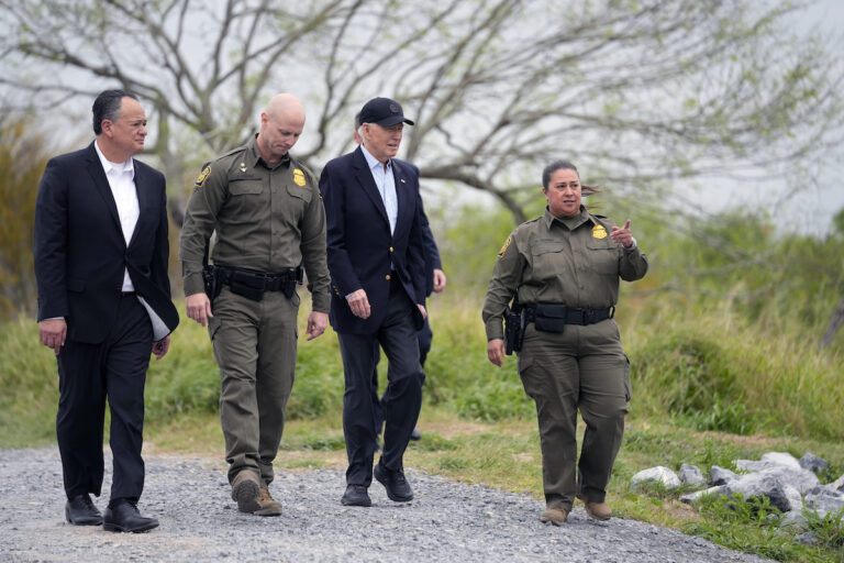 President Joe Biden (second from the right) looks over the southern border, Thursday, Feb. 29, 2024, in Brownsville, Texas. Walking with Biden are from l-r., Peter Flores, Deputy Commissioner, U.S. Customs and Border Protection, Jason Owens, Chief, U.S. Border Patrol and Gloria Chavez, Sector Chief, U.S. Border Patrol.
