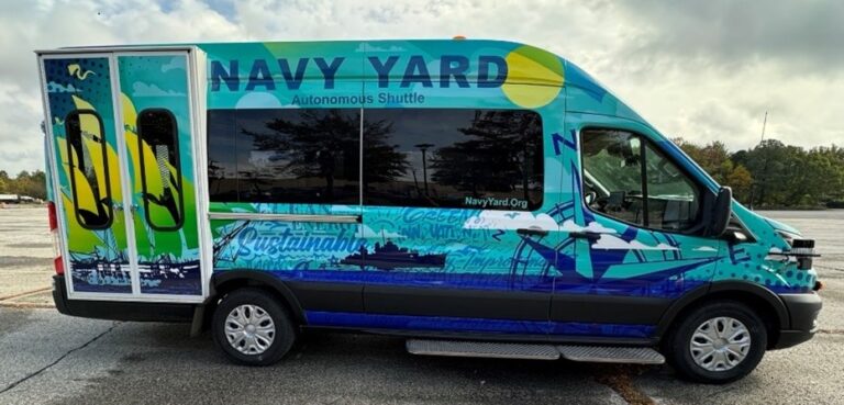 The autonomous vehicle (AV) shuttle at Philadelphia's Navy Yard.