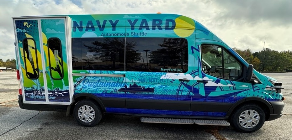 The autonomous vehicle (AV) shuttle at Philadelphia's Navy Yard.