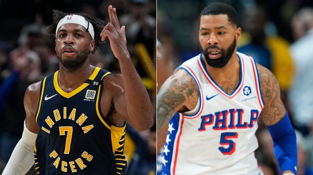Heild Morris 2 box (1) Indiana Pacers' Buddy Hield (left) and Philadelphia 76ers forward Marcus Morris Sr.