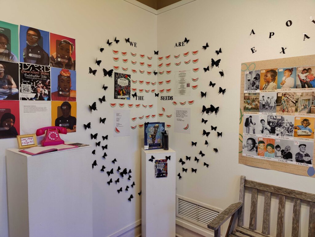 A corner of the Allens Lane Art Center gallery. A cohort of youth collabrvoated with Sabriaya Shipley to curate the exhibition ''Eban Youth.''