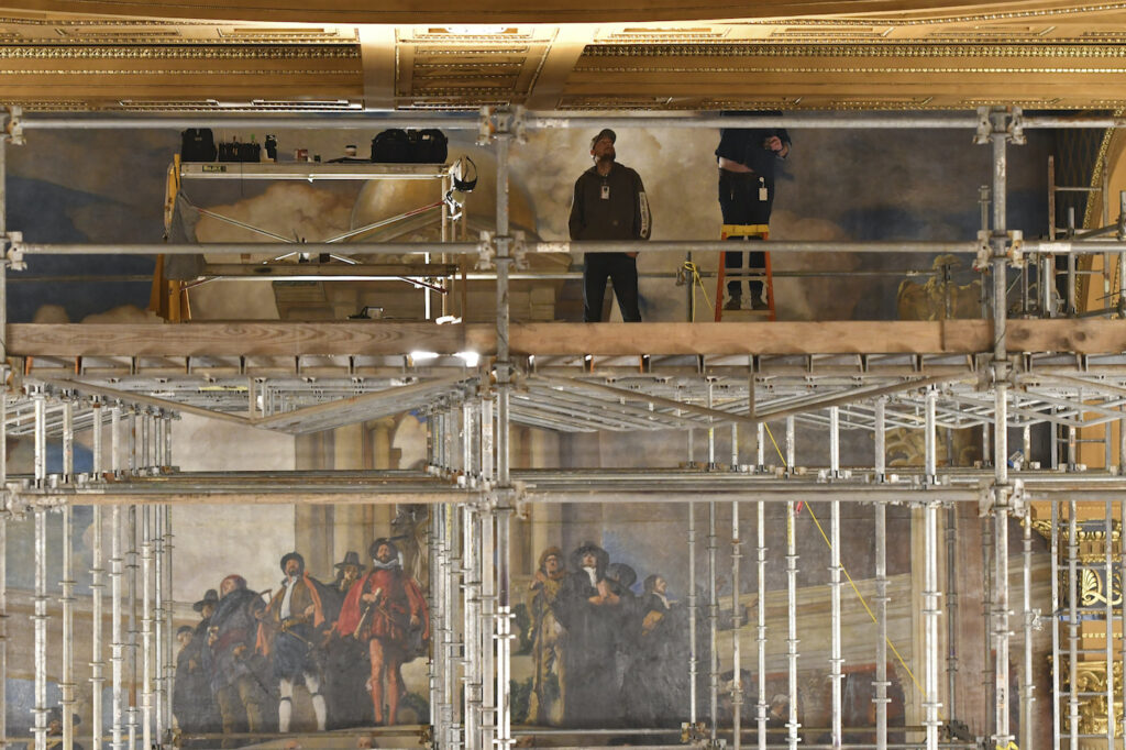 PA–Pennsylvania Budget-What to Watch Workers repair damage in the Pa. Capitol