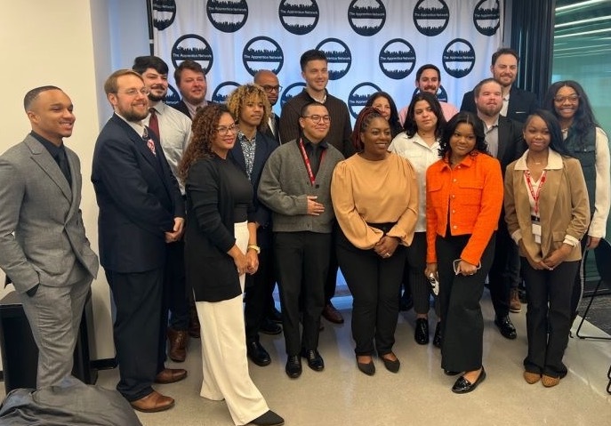 Philadelphia-Aon-Apprentices Students working with the global consulting business Aon through the Philadelphia Apprentice Network and Summer Search Philadelphia pose for a photo.
