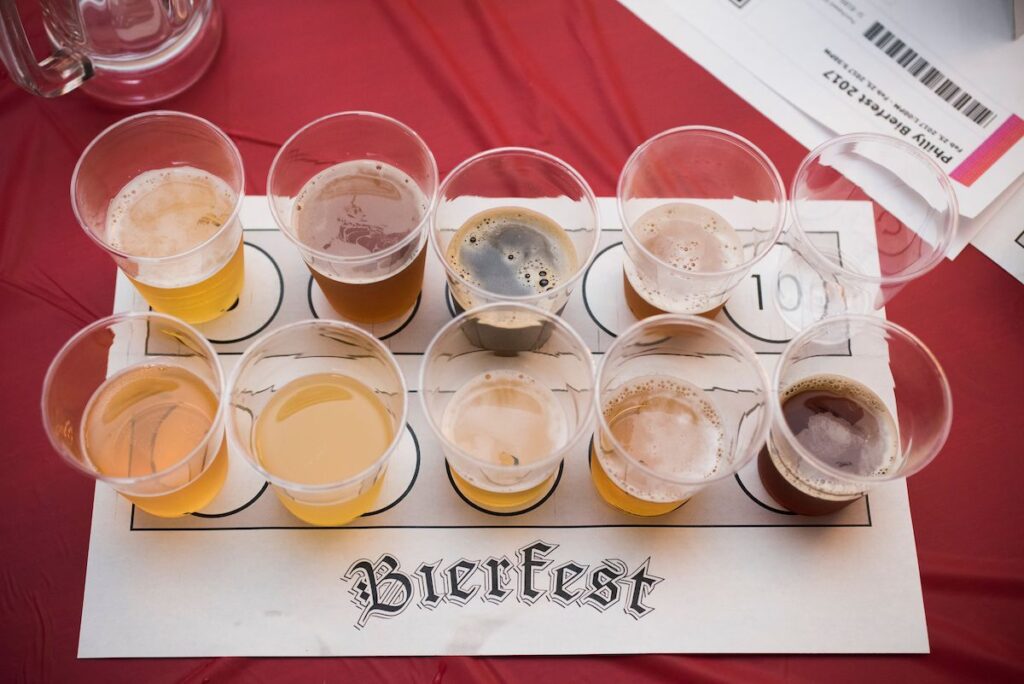 A view from above of a flight of beers