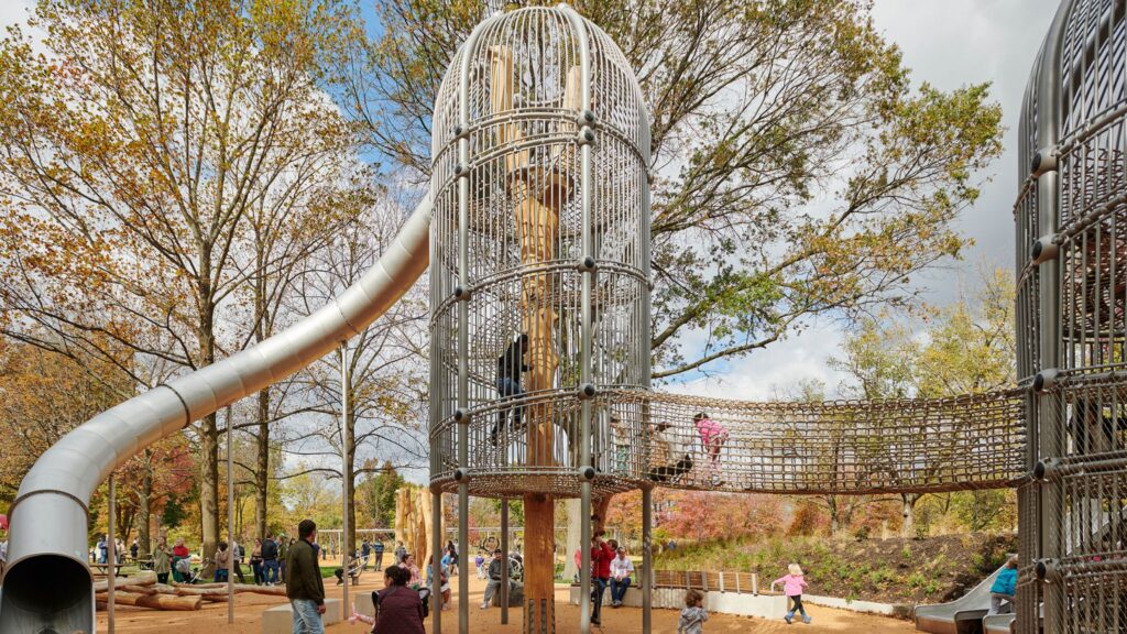 Anna C. Verna Playground at FDR Park The images shows two circa 15-feet victorian bird cages and a slide.