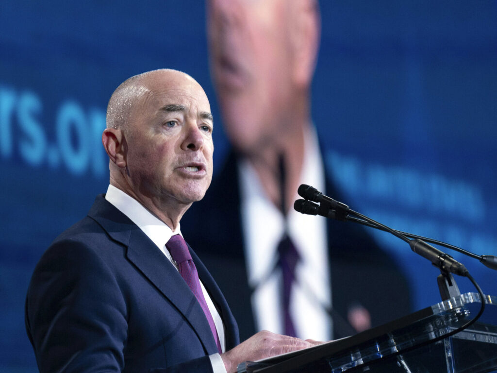 Homeland Security Secretary Alejandro Mayorkas speaks during the U.S. Conference of Mayors' Winter Meeting in Washington, Thursday, Jan. 18, 2024.