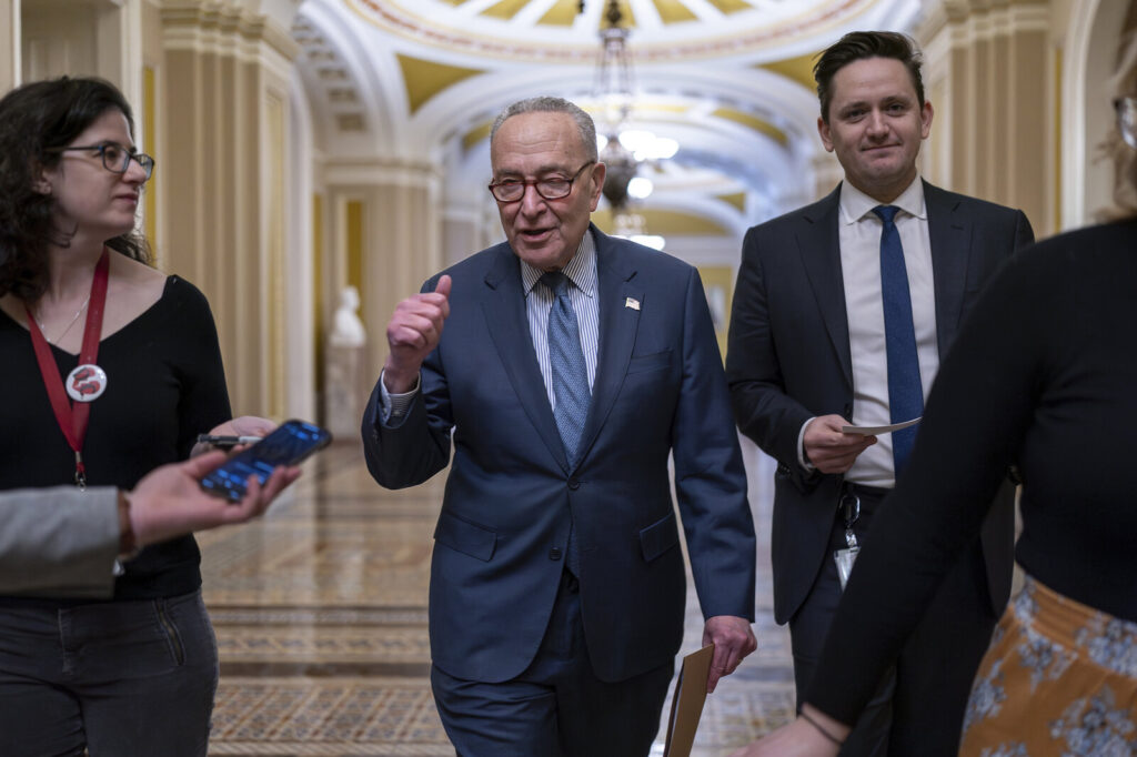 Chuck Schumer Senate Majority Leader Chuck Schumer, D-N.Y., discusses next steps for the foreign aid package for Ukraine and Israel on the day after the bipartisan Senate border security bill collapsed, at the Capitol in on Wednesday.