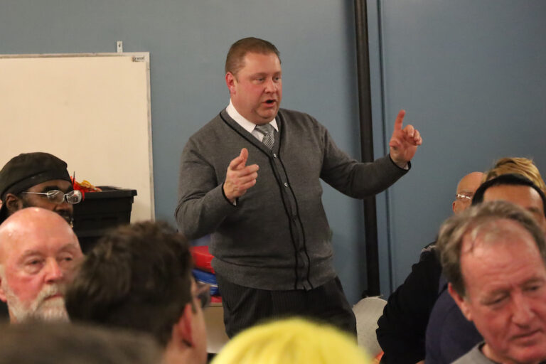 Scott Brown speaks at a community discussion event