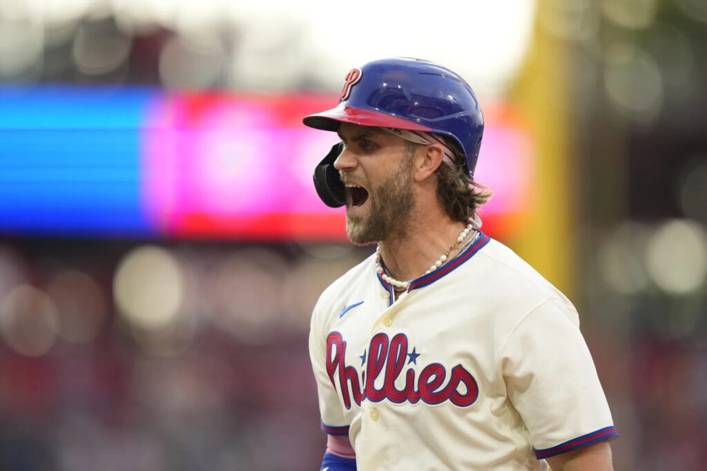 bryceharper-phillies-scaled Philadelphia Phillies' Bryce Harper reacts during a baseball game vs. the San Diego Padres on Sunday, July 16, 2023, in Philadelphia.