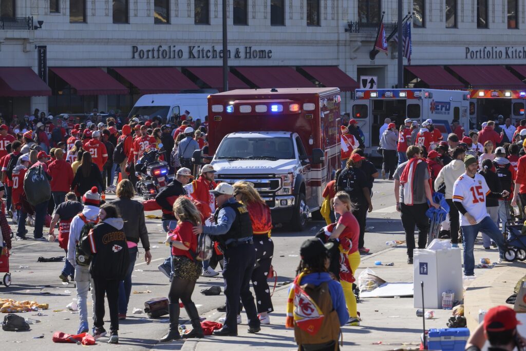 Super Bowl Chiefs Parade Football Police clear the area following a shooting at the Kansas City Chiefs NFL football Super Bowl celebration in Kansas City, Mo., Wednesday, Feb. 14, 2024.